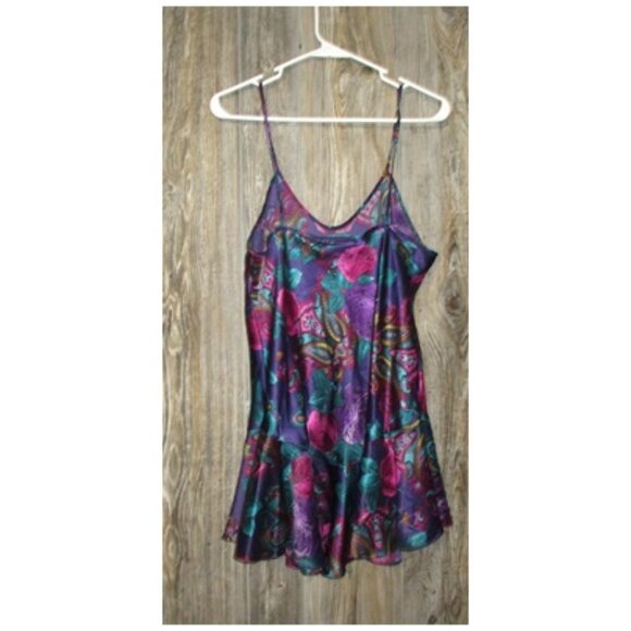 Vintage 80s California Miss Paisley Print Lingerie Dress Sz M Teal Purple Satin - Picture 13 of 13